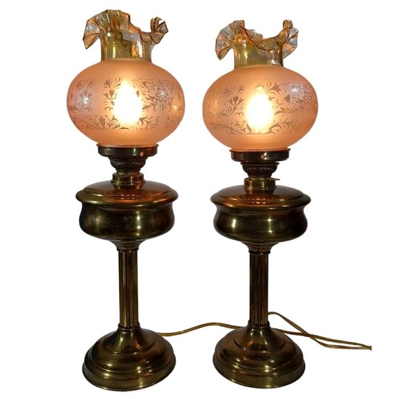 Antique Fenton Hurricane Oil Lamp Conv. Electric Iridescent Amber Shades Vintage - Picture 4 of 14